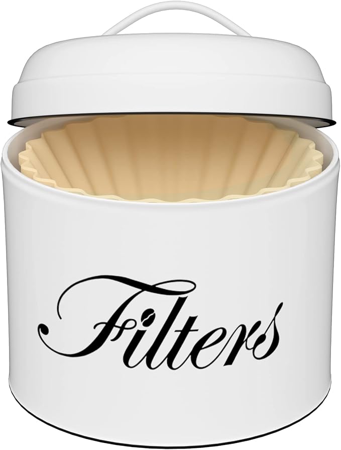 Coffee Filter Holder, White Basket Coffee Filter Storage with Lid, Round Coffee Filter Container for Counter, Rustic Farmhouse Coffee Bar Accessories Decor (White)