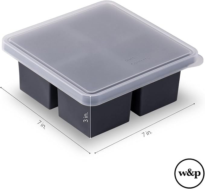 W&P Cup Cubes Silicone Freezer Tray with Lid, Blue, Makes 4 Perfect 1-Cup Portions, Freeze & Store Soup, Broth, Sauce, Leftovers, Dishwasher Safe, 4-Cup