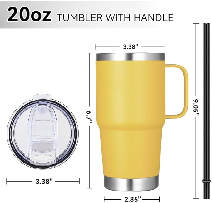 VEGOND 20 oz Tumbler Bulk with Handle Lid and Straw, Stainless Steel Insulated Travel Coffee Mug Set, Spill Proof Double Wall Metal Tumblers Cups, Powder Yellow 12 Pack