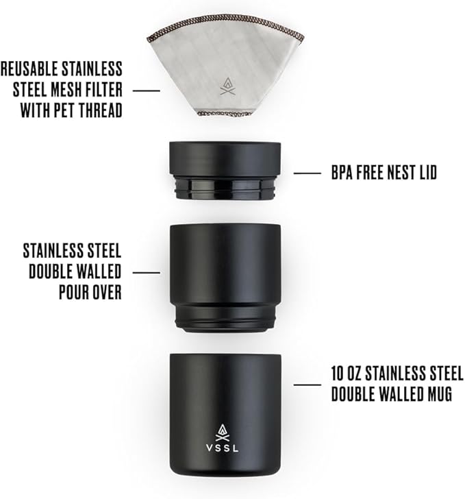 VSSL Nest Pour Over Coffee Set, Transportable and Compact Pour Over Set with 10 oz Double Walled Mug