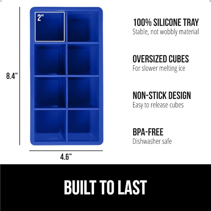 GORILLA GRIP Slow Melting Large Silicone Ice Cube Tray for Freezer, Easy to Push 8 Giant Square Cubes, Use for Cocktails, Iced Coffee, Water Bottle, Puree, Kitchen Bar Essentials, 1 Pack, Royal Blue