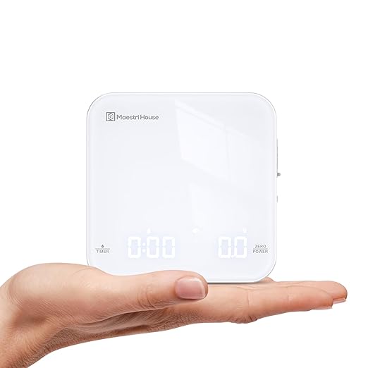 Rechargeable Mini Coffee Scale with Timer, Maestri House Espresso Scale, 2kg/0.1g Accurate Scale for Espresso and Pour-Over Coffee, Portable Digital Kitchen Scale with Automatic Timing（White&Silver）