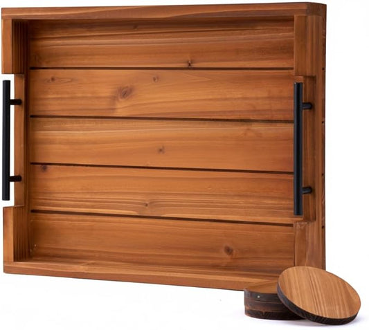 Ottoman Serving Tray | Decorative Coffee Table Tray with Handles – 17x13 Inch Wooden Tray with 4 Coasters for Breakfast, Kitchen & Bar