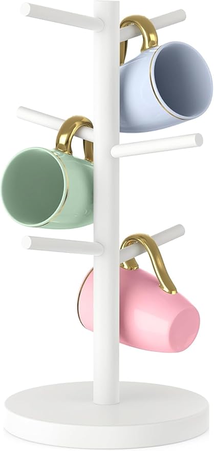 Wisuce Black Coffee Mug Tree Bamboo Mug Holder Coffee Cup Stand Mug Holders for Countertop Coffee Mug Rack Organizer Stand (White)