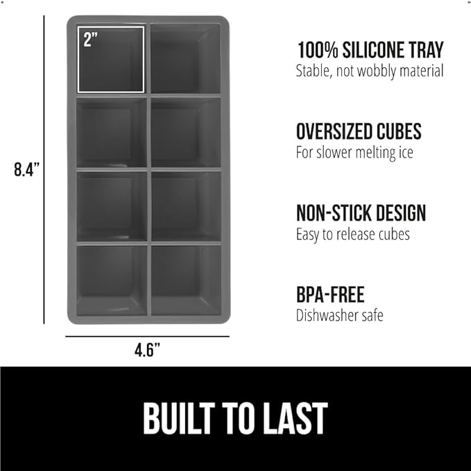 GORILLA GRIP Slow Melting Large Silicone Ice Cube Tray for Freezer, Easy to Push 8 Giant Square Cubes, Use for Cocktails, Iced Coffee, Water Bottle, Frozen Puree, Kitchen Bar Essentials, 1 Pack, Gray