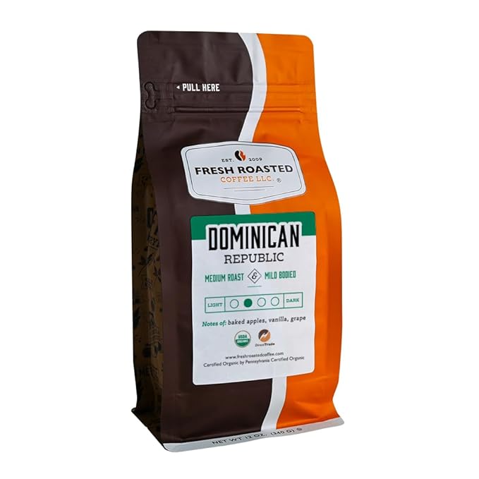 Fresh Roasted Coffee, Organic Dominican Republic | USDA Organic, Direct Trade, Kosher | Medium Roast 12 oz Ground