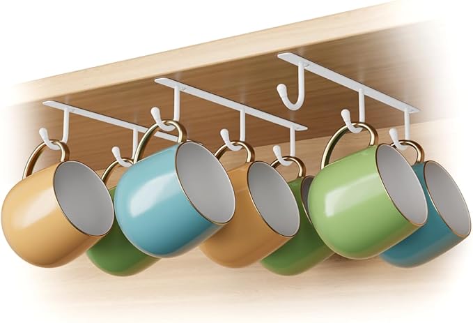 ECROCY Coffee Mug Holder Under Cabinet, Easy Screw Mounting, 3 Pack Mug Rack with Wide Hook Spacing, Sturdy Mug Hooks Space-Saving