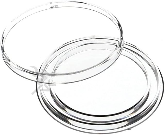 Two clear transparent round plastic petri dishes, one open and one closed, on white background