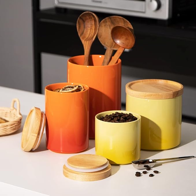 Sweejar Ceramic Food Storage Jar, Stackable Kitchen Canisters, Containers with Airtight Seal Wooden Lid for Serving Coffee Bean, Flour, Tea, Cookies, Spice and More - 58 Fl Oz (Gradient Orange)
