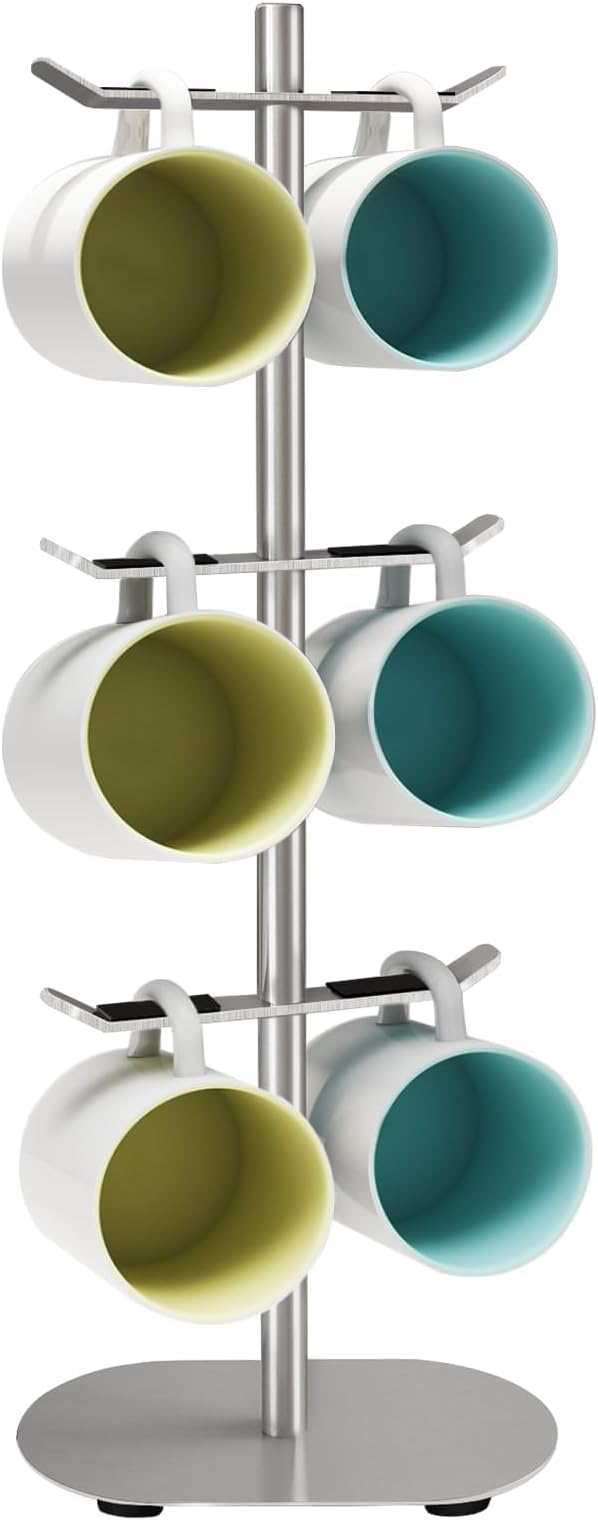 Mug Holder Tree, Coffee Cup Holder with 6 Hooks, Coffee Mug Rack, Metal Mug Tree for Counter, Mug Holder Stand Coffee Mug Hanger(Brushed Nickel)