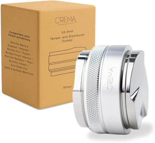 CREMA Coffee Products 54mm Hand Tamper & Coffee Distributor | Compatible with Breville Portafilters | Double-Sided, Adjustable Depth Tool | Made with Durable 304 Stainless Steel | Silver
