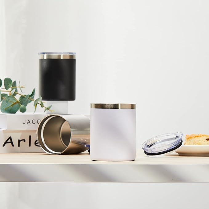 MEWAY 12oz/8Pack Coffee Mug With Lid, Insulated Stainless Steel Reusable Coffee Cup, Double Wall Durable Coffee Mug, Powder Coate，For Coffee, Beer, Home, Office(Black,8 Pack)