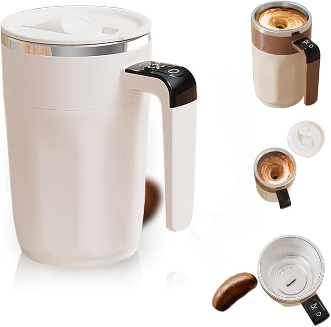 HISKI Automatic Stirring Coffee Cup with Temperature Display, Rechargeable Coffee Mug, Self-Stirring Mug with Lid Rechargeable Automatic Self Stirring Mugs with Magnetic Stirrer and Lid (White)