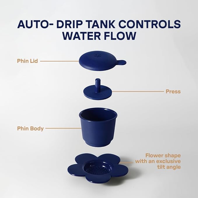 PHINOI Pour Over Coffee Dripper - Vietnamese Phin Filter – Single Cup Coffee Maker 1-2 Cup with Flower Design – Plastic Reusable Coffee Filter for Manual Brewing, Travel Friendly (Navy)