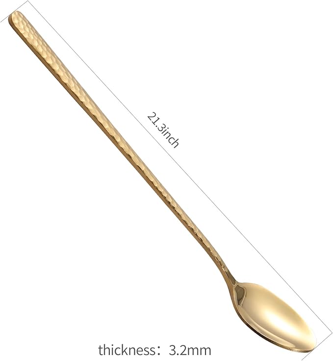 8.4-Inch Hammered Golden Ice Tea Spoons - Long Handle for Coffee, Ice Cream, Cocktail Stirring - Stainless Steel Set of 8