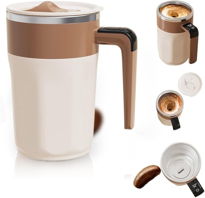 HISKI Automatic Stirring Coffee Cup with Temperature Display, Rechargeable Coffee Mug, Self-Stirring Mug with Lid Rechargeable Automatic Self Stirring Mugs with Magnetic Stirrer and Lid (Brown)