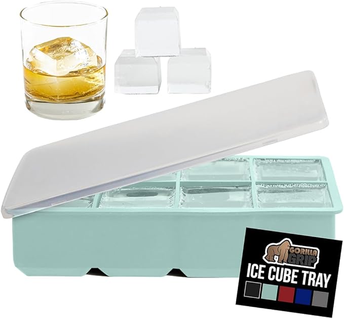 GORILLA GRIP Slow Melting Large Silicone Ice Cube Tray for Freezer, Easy to Push 8 Giant Square Cubes, Use for Cocktails Iced Coffee Water Bottle, Frozen Puree, Kitchen Bar Essentials, 1 Pack, Mint