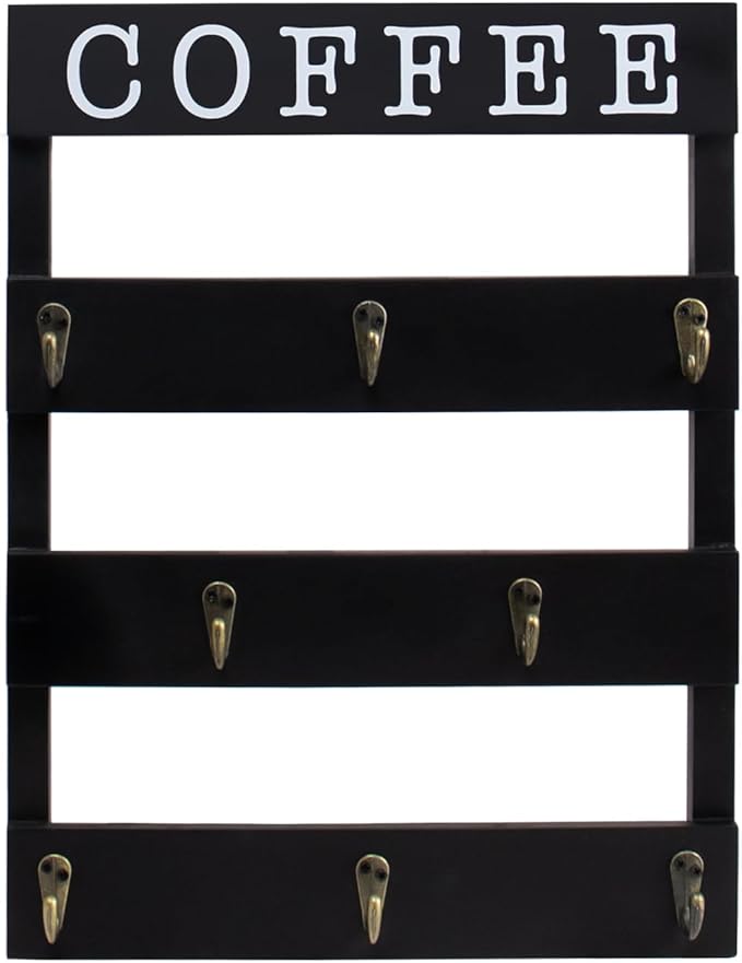 Solid Wood Coffee Mug Holder Wall Mounted, Rustic Cup Rack with 8 Hooks Large Space for Big Cups for Kitchen, Home, Coffee Bar Station (Black)