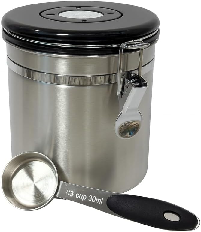 Stainless Steel Coffee Canister with Date Tracker, CO2 Release Valve, 1.5L Airtight Container, Measuring Spoon for Coffee Beans, Grounds, Tea