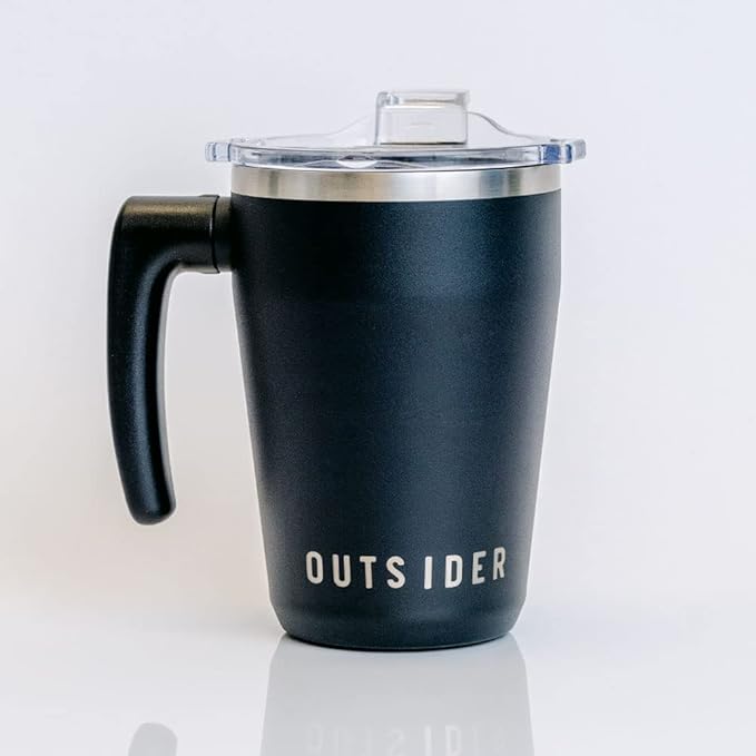 OUTSIDER Stainless Steel Vacuum Insulated Coffee Mug/Cup with Rotating Handle and Spill Proof Lid – Great Travel Tumbler for Outdoor, Home, Office – 17 ounces, Black