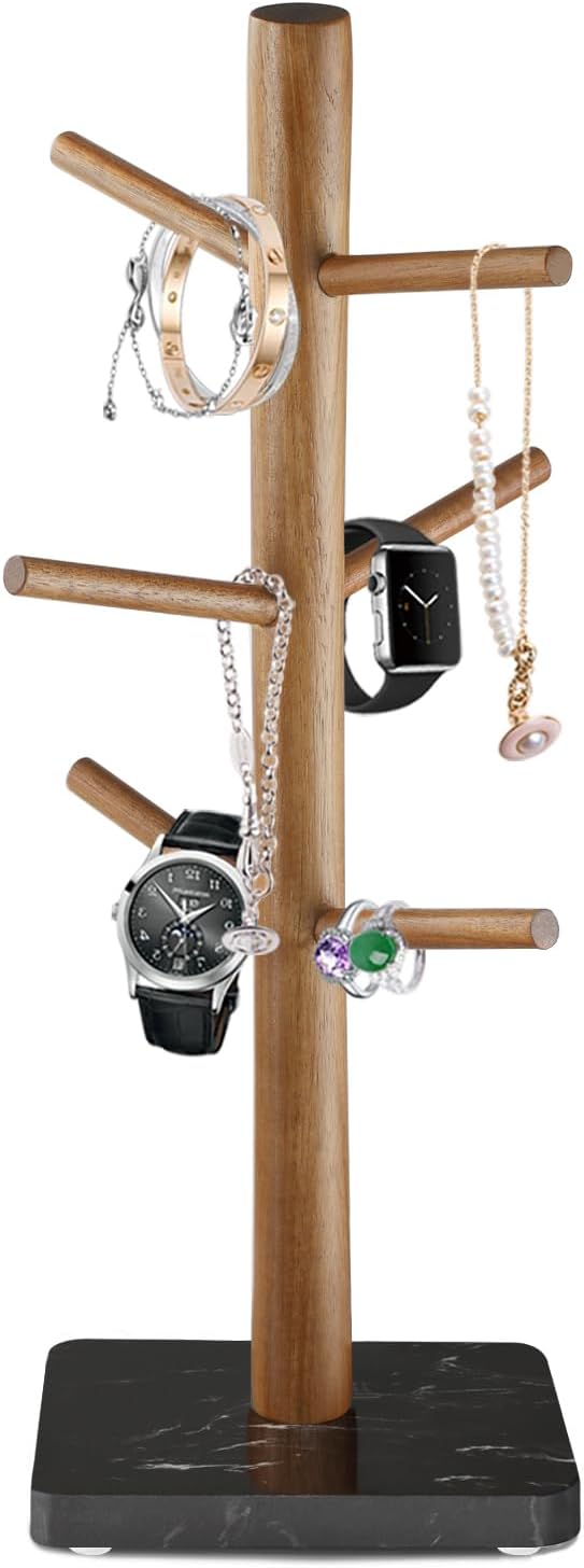 Buruis Wood Mug Holder, Marble Base Cup Rack Tree, Kitchen Coffee Mug Tree Countertop Tea Cups Holder Stand, Coffee Cup Dryer with 6 Hooks (Black)