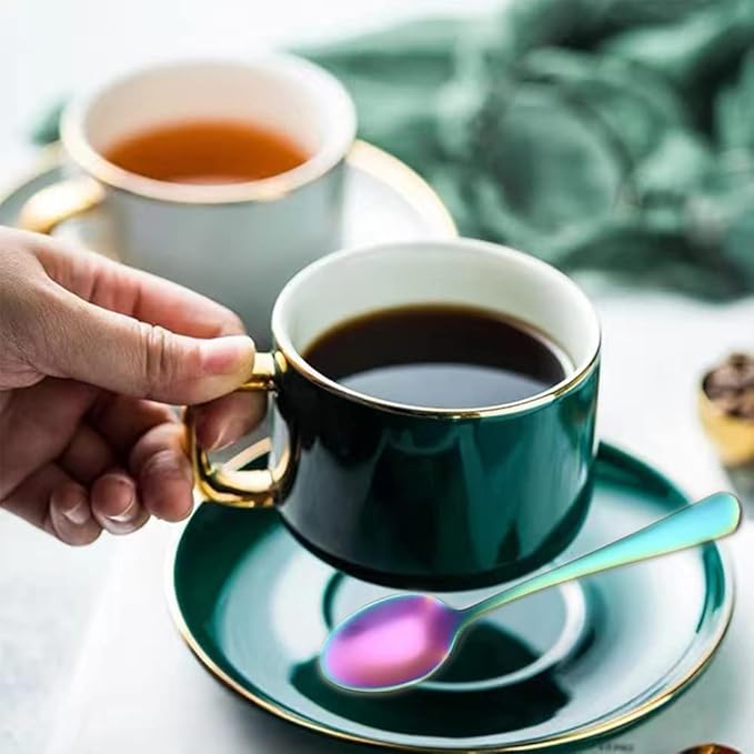 Demitasse Espresso Spoons, Mini Coffee Spoon, 4 Inches Stainless Steel Small Spoons for Dessert, Set of 6（Rainbow)