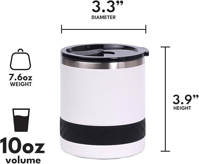 Elemental Recess Lowball Tumbler, 10oz Triple Wall Stainless Steel Cup with Non-Shattered Tritan Lid, Insulated Whiskey Glass, Insulated Coffee Tumbler Mug for Hot & Cold Drinks - White