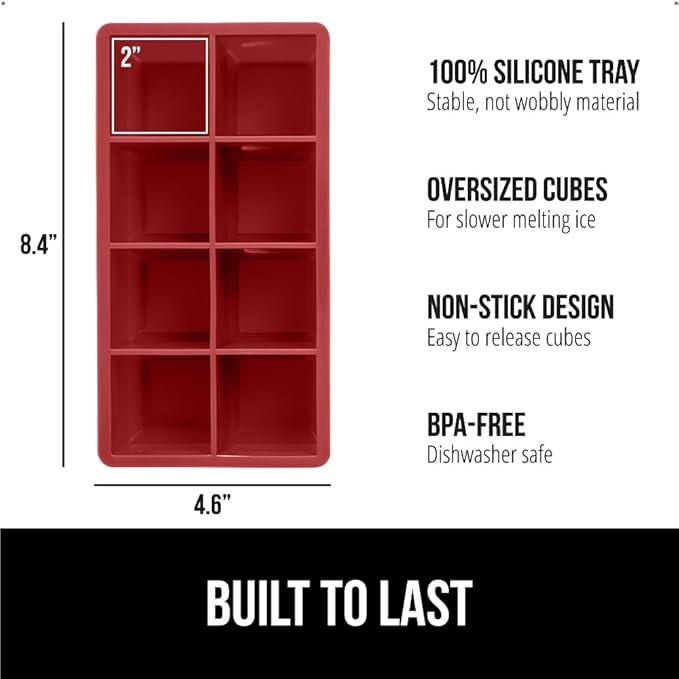 GORILLA GRIP Slow Melting Large Silicone Ice Cube Tray for Freezer, 2 Pack, Easy to Push 8 Giant Square Cubes, Use for Cocktails, Iced Coffee, Water Bottle, Frozen Puree, Kitchen Bar Essentials, Red