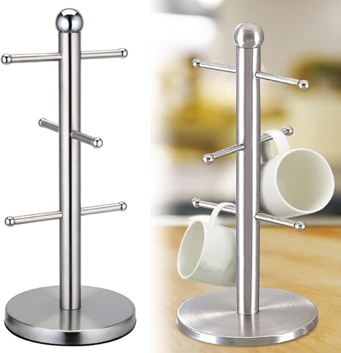 Stainless Steel Tree Shape Mug Rack Tree Tea Cup Storage Holder Stand Home Mug Hanging Display Drinkware Shelf 6 Hooks