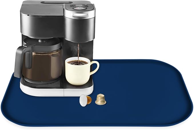 Silicone Coffee Maker Mat with Lip, 24'' x 16'' Heavy Duty Coffee Maker Mat for Countertops, Coffee Tray Fit Under Coffee Machine Appliance Automatic Machines Espresso Accessory, Navy Blue