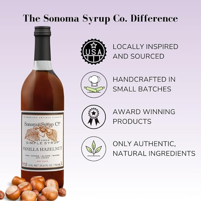 Sonoma Syrup Co Vanilla Hazelnut Syrup, 25.4 Fl Oz for Coffee, Cocktails, and Cooking