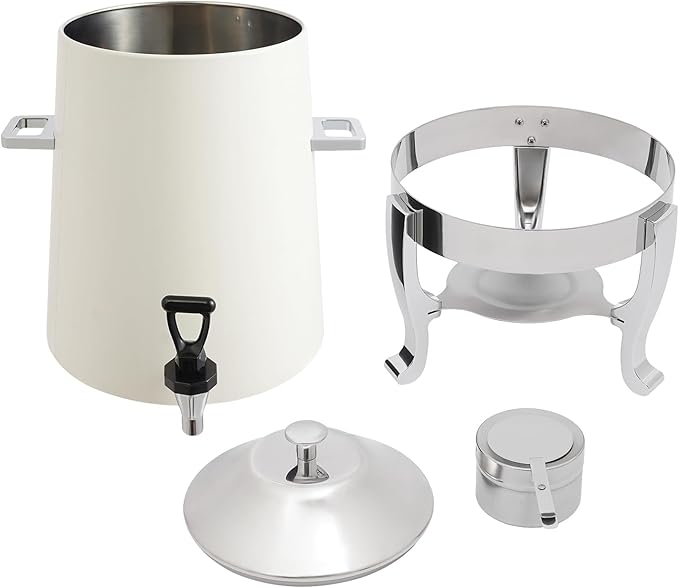 Stainless Steel Beverage Dispensers, Drink Dispenser with Fuel Holder & Base & Stainless Steel Faucet 3.4Gal Hot Beverage Dispenser, Commercial Coffee Urn for Hotels, Canteens（Silver, White）
