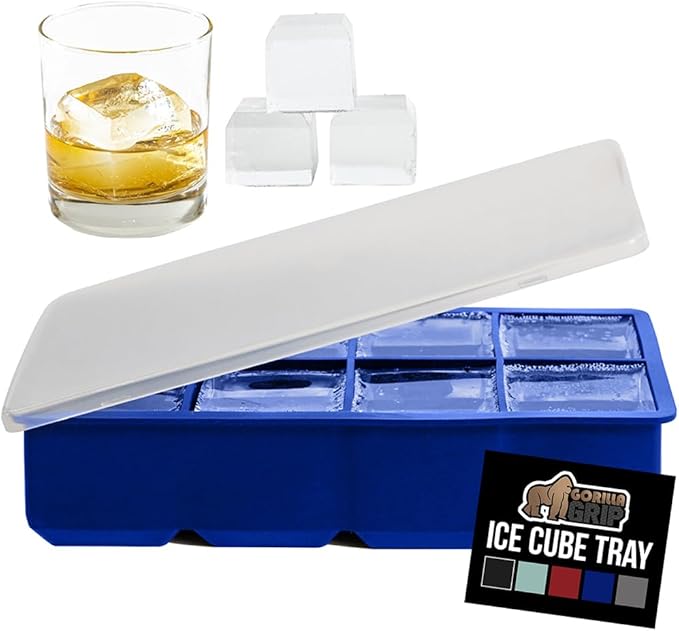 GORILLA GRIP Slow Melting Large Silicone Ice Cube Tray for Freezer, Easy to Push 8 Giant Square Cubes, Use for Cocktails, Iced Coffee, Water Bottle, Puree, Kitchen Bar Essentials, 1 Pack, Royal Blue