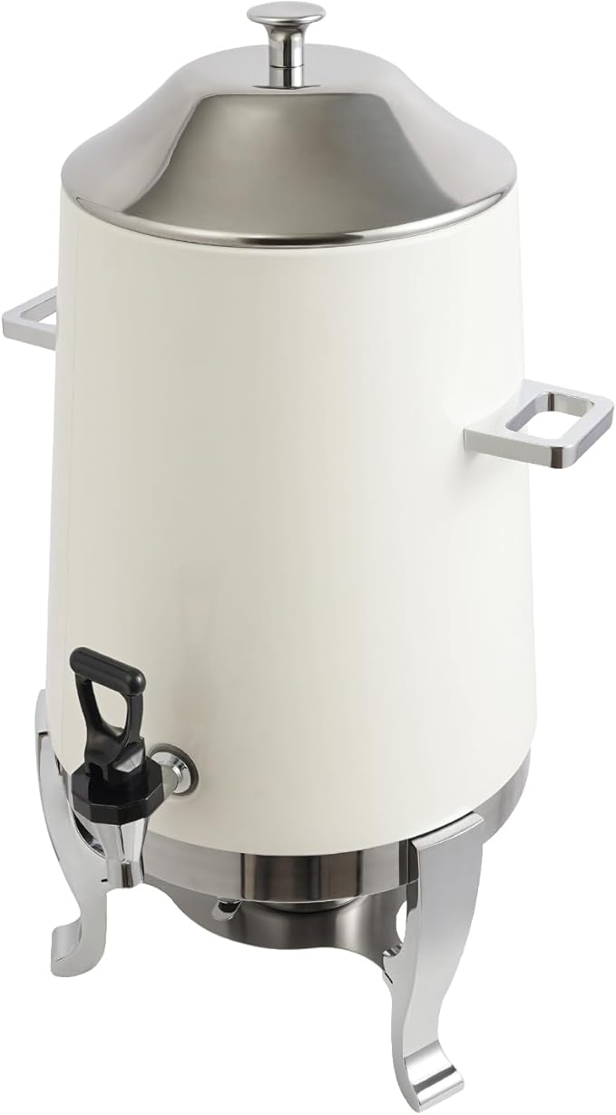 Stainless Steel Beverage Dispensers, Drink Dispenser with Fuel Holder & Base & Stainless Steel Faucet 3.4Gal Hot Beverage Dispenser, Commercial Coffee Urn for Hotels, Canteens（Silver, White）