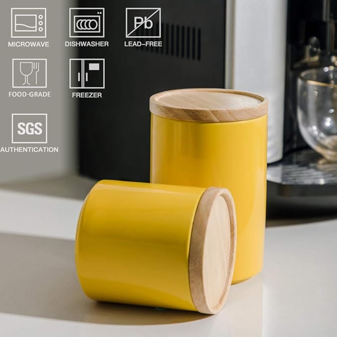 Sweejar Kitchen Canisters Ceramic Food Storage Jar, Stackable Containers with Airtight Seal Wooden Lid for Serving Ground Coffee, Tea, Sugar, Salt and More - 28 Fl Oz (Yellow)