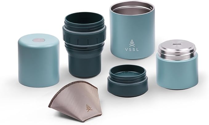 VSSL - Nest Pour Over Coffee Kit | Coffee Maker for Camping | All-In-One Travel Pour Over | Transportable Dripper, Two 10oz Stainless Steel Travel Mugs | Compact Storage & Adventure Ready | Everglade