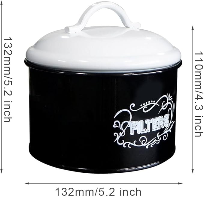 SOTECH Coffee Filter Holder Storage Metal Box Black Container Organizer Round Dispenser for Counter and Room Decor Coffee Bar Accessories
