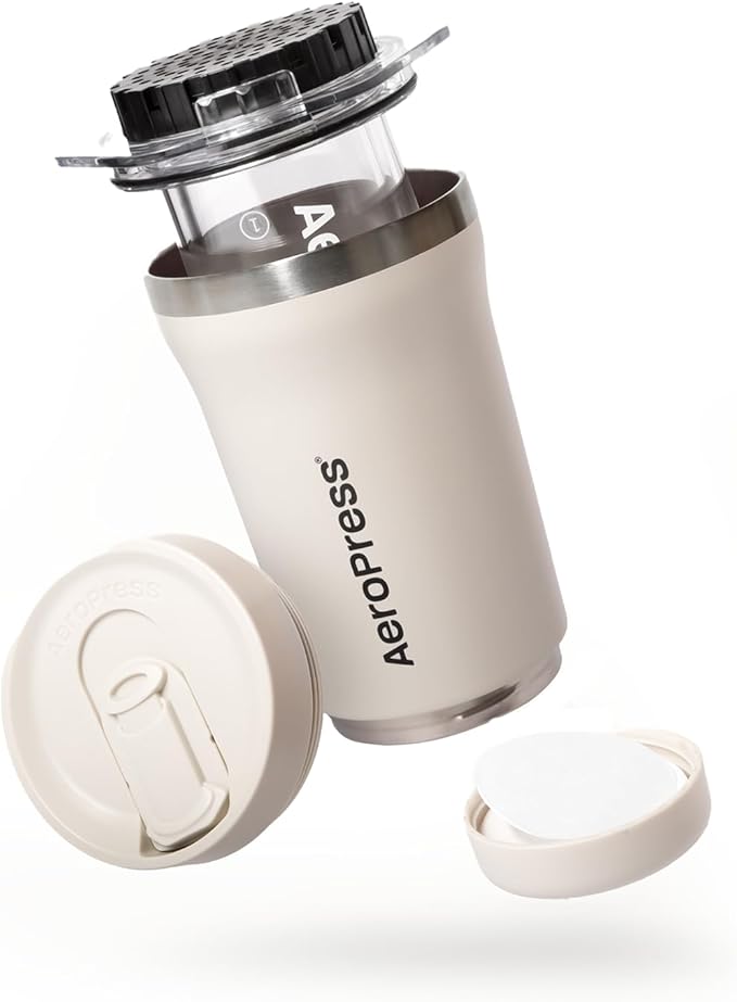 AeroPress Go Plus, Small Portable Coffee Maker Kit, Travel, Camping & Office, All-in-One French Press, Pour-Over & Espresso Style Manual Brewer, 2 Min Brew for Less Bitterness, More Flavor, Cream