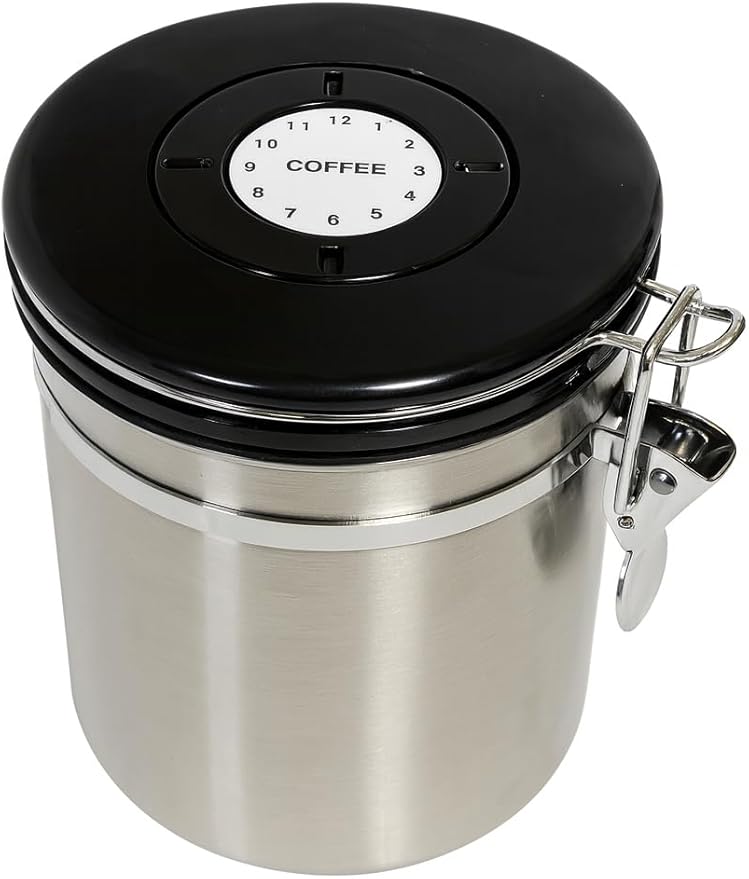 Stainless Steel Coffee Canister with Date Tracker, CO2 Release Valve, 1.5L Airtight Container, Measuring Spoon for Coffee Beans, Grounds, Tea