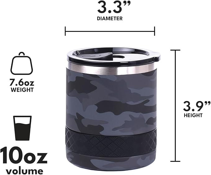 Elemental Recess Lowball Tumbler, 10oz Triple Wall Stainless Steel Cup with Non-Shattered Tritan Lid, Insulated Whiskey Glass, Insulated Coffee Tumbler Mug for Hot & Cold Drinks - Black Camo