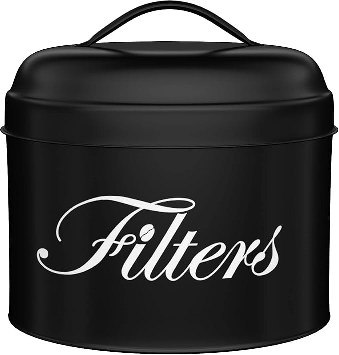 Black Basket Coffee Filter Holder With Lid - Round Container for Counter Storage - Rustic Farmhouse Bar Accessories Decor