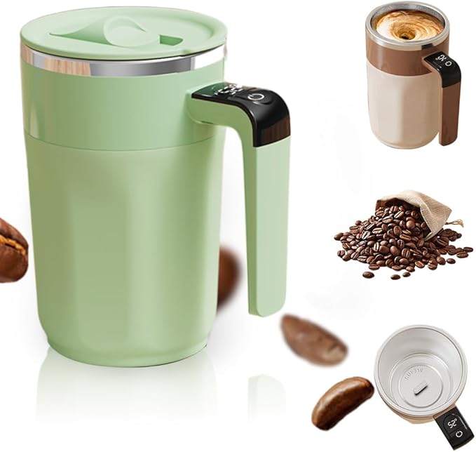 Automatic Magnetic Stirring Coffee Mug, 2026 New Electric Self Stirring Coffee Mug with Temperature Display, Rechargeable Auto Stirring Mugs with Lid for Coffee, Chocolate, Milk, Tea (Green 400ML)