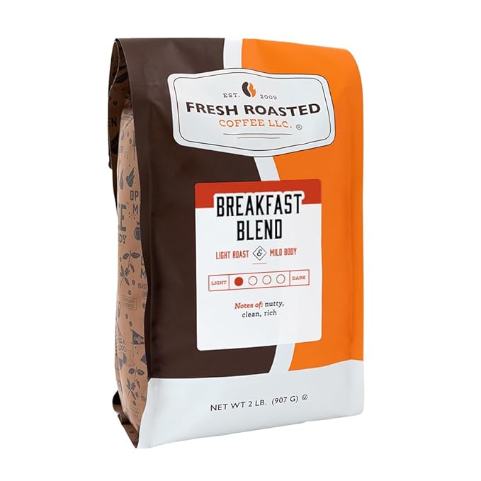 Fresh Roasted Coffee, Breakfast Blend, 2 lb (32 oz), Light Roast, Kosher, Ground 2 Pound (Pack of 1)