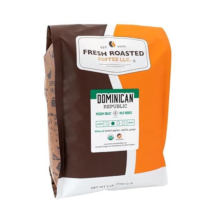 Fresh Roasted Coffee, Organic Dominican Republic | USDA Organic, Direct Trade, Kosher | Medium Roast 5 lb (80 oz), Ground