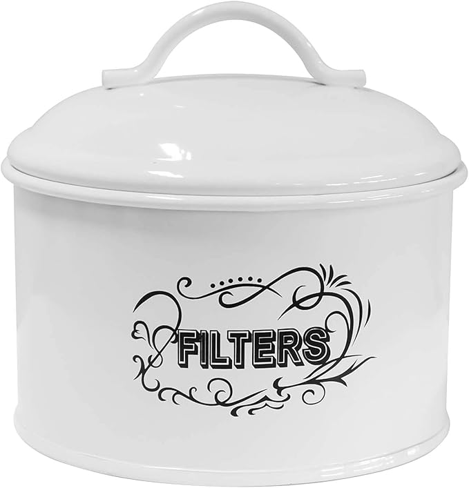 SOTECH Coffee Filter Holder Storage,White Basket Enamel Filter Jar Container in Rustic Farmhouse Distressed Enamelware Design Round for Counter(Metal Coffee Filter Jar)
