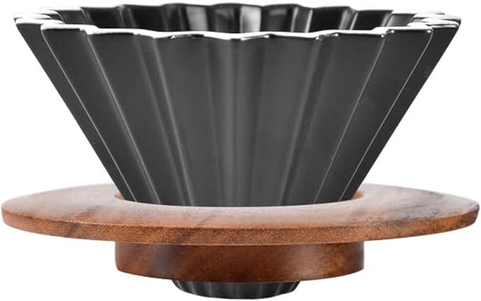 Ceramic Coffee Dripper Pour Over Coffee Maker with Wood Stand Elegant Flower Shape V60 Filter (black)