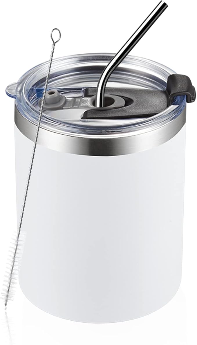 MEWAY 12 oz Lowball, Tumbler Stainless Steel Double Wall Vacuum Insulated Mug with Straw and Lid, Cleaning Brush ，Durable Powder Coated Insulated Coffee Cup for Cold & Hot Drinks (White, 1 Pack)