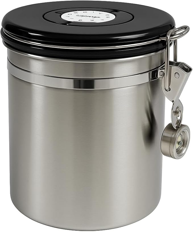 Stainless Steel Coffee Canister with Date Tracker, CO2 Release Valve, 1.5L Airtight Container, Measuring Spoon for Coffee Beans, Grounds, Tea