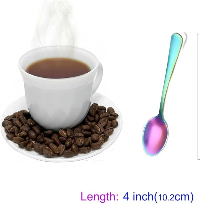Demitasse Espresso Spoons, Mini Coffee Spoon, 4 Inches Stainless Steel Small Spoons for Dessert, Set of 6（Rainbow)
