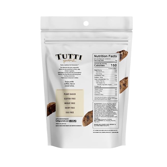 Tutti Gourmet Gluten Free Chocolate, Almond & Cinnamon Biscotti, 9.9 oz (283g) Resealable Cookie Bag - Vegan and Halal Snacks